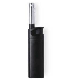A black kitchen lighter with a metallic nozzle and an adjustable flame control. It features a branding logo.