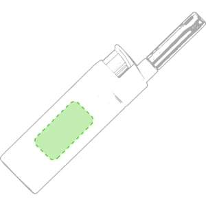 A green kitchen lighter with a slender nozzle and a safety cap, featuring a logo on its body.