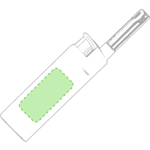 A green and transparent kitchen lighter with a long nozzle and a small cap at the top, featuring a logo.