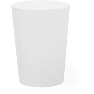 A white plastic cup featuring a simple design and a branding logo.
