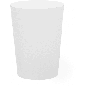 A plastic cup with a simple design, featuring a smooth exterior and a logo. It is predominantly white in colour.