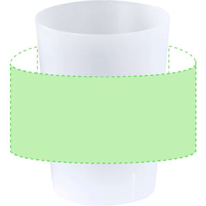 A white plastic cup with a smooth exterior and a blank green band around its midsection.