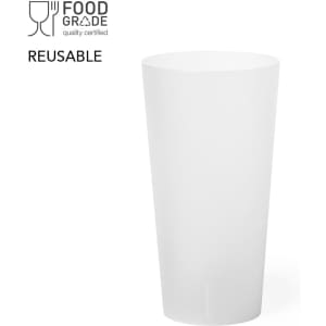 A white, reusable plastic cup with a food-grade certification and a simple design.
