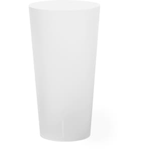 A plastic cup in a sleek, frosted white design with a smooth finish and a branded logo.