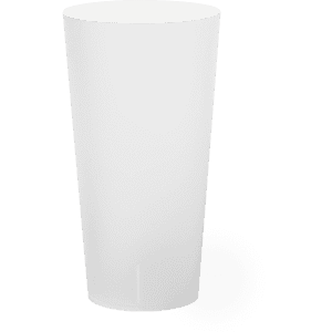 A drink cup in white, featuring a simple design and a smooth surface. It includes branding on the side.