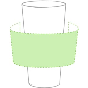 A plastic cup in white with a green sleeve around the middle, featuring a logo.