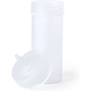 A clear, frosted dispenser bottle with a removable lid, designed for home and pet use. It features a logo.