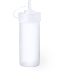 A clear, plastic dispenser bottle with a narrow nozzle and a lid. It has a simple, streamlined design.