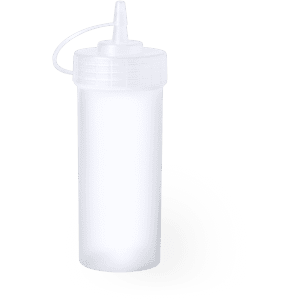 A drink bottle in clear plastic with a nozzle and a secure cap. It has a simple design and a logo on it.
