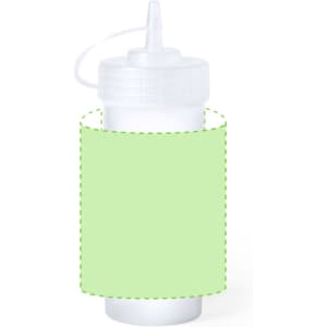 A drink bottle with a translucent white body and a light green label area, featuring a dispensing nozzle and a branding logo.