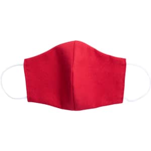 A red reusable hygienic face mask with white ear loops, featuring a simple design. It has a logo present on the mask.