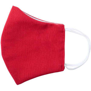 A red reusable hygienic mask with white ear loops and a contoured shape for a snug fit. It features a logo.