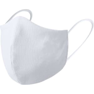 A white reusable hygienic mask with elastic ear loops and a contoured shape. Features a logo on the side.