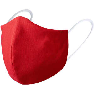 A red reusable hygienic mask with elastic straps and a smooth fabric finish, featuring a logo.