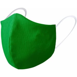 A green reusable hygienic mask with white ear straps and a simple design. It features a logo on one side.