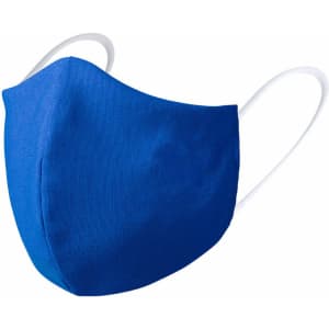 A blue reusable hygienic mask with white ear loops and a logo on the side.