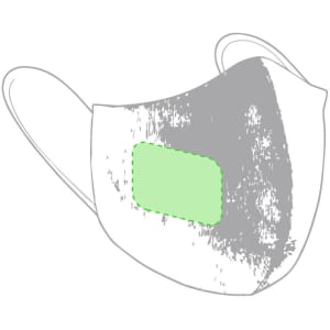 A reusable hygienic mask in grey with a green display area, featuring ear loops and a logo.