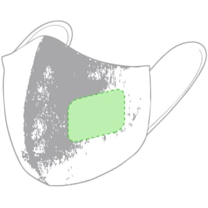 A grey reusable hygienic mask with a green accent area and ear loops, featuring a logo.