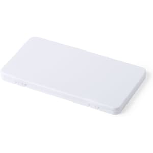 A white rectangular container with a secure lid, featuring a smooth surface and a plain design.