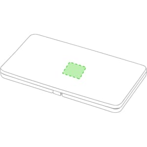 A white multipurpose bag with a green square in the centre and a logo. Ideal for various uses.