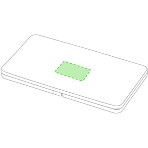 A plain rectangular item in white with a green rectangular highlight in the centre, featuring a logo.