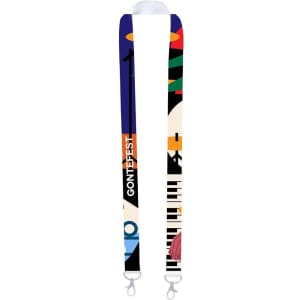 A colourful lanyard featuring various designs and a logo, complete with clip attachments at both ends.