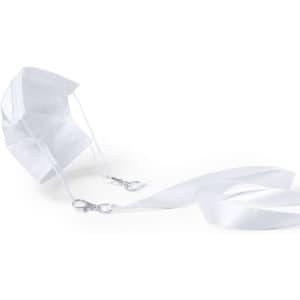 A white sublimation lanyard with metal clips attached, featuring a smooth finish and a lightweight design.