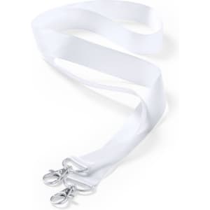 A white lanyard with two metal clips at the ends, designed for holding items securely.