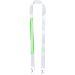 A white sublimation lanyard with a green panel and metal clips at each end.