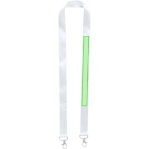 A white lanyard with silver clasps and a green rectangular area, featuring a logo.