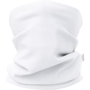 A white antibacterial neck warmer with a soft, stretchy texture and a small logo tag.