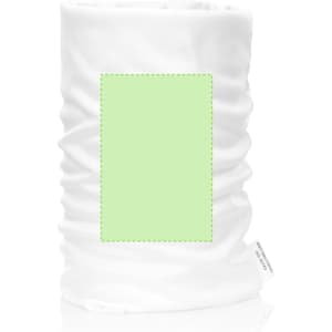 A white antibacterial neck warmer with a green patch, featuring a logo. Ideal for clothing accessories.