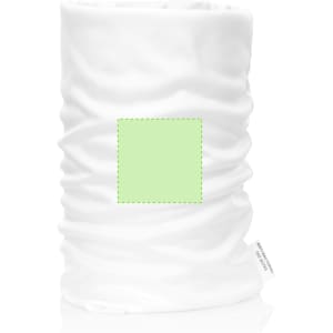 A white antibacterial neck warmer with a green square patch, featuring a logo or branding.