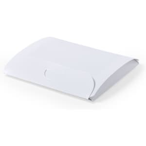 A white multipurpose bag with a smooth finish and a fold-over flap, featuring a logo.