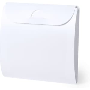 A white multipurpose bag with a flap closure and a handle, featuring a logo on the front.