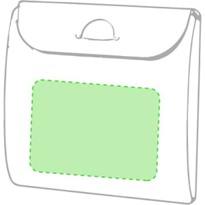 A white multipurpose bag featuring a green pocket and a top flap closure, with a branding logo present.