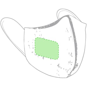 A medium reusable hygienic mask in white with a green patch, featuring ear loops and a simple design.