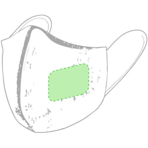 A medium reusable hygienic mask in white with a green patch and ear straps. The product has a logo.