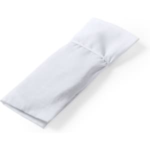 A white pouch with a fold-over top, featuring a simple design and a branding logo.