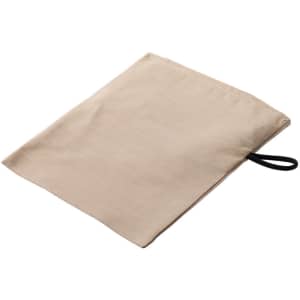 A beige pouch made from fabric, featuring a small black loop on one side. It has a simple, unembellished design.