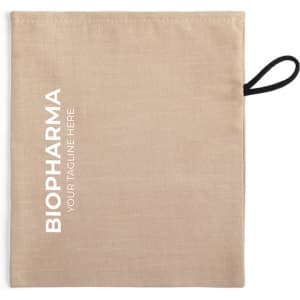 A beige pouch with a black handle and branding on one side, suitable for miscellaneous storage.