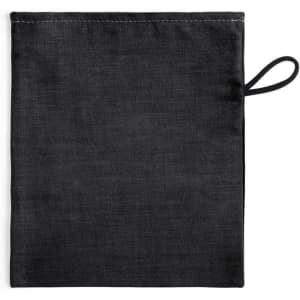 A black pouch bag with a loop at the top and a simple, smooth texture. Features a branding logo.