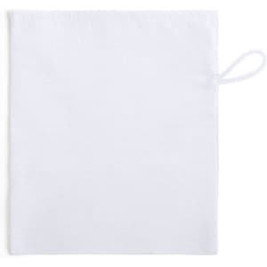 A white pouch with a loop for easy carrying. It features a simple design and includes a logo.