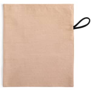 A beige pouch with a black loop, made from a textured fabric, features a simple and minimalist design.