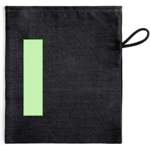 A black pouch with a mint green rectangular patch and a loop for easy carrying. Features a logo.