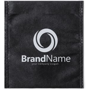 A black pouch with a logo and slogan, featuring a textured fabric design.