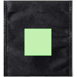A black pouch featuring a square patch in a light green shade and includes a logo.