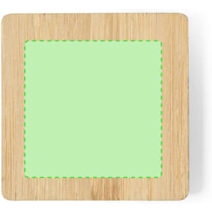 A square coaster made of bamboo with a light green centre and a dashed green outline.