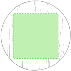 A circular lapel pin with a green square in the centre and a simple textured border.
