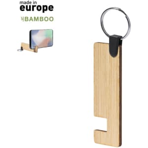A bamboo keyring holder designed for phones, featuring a keyring attachment and a stand.